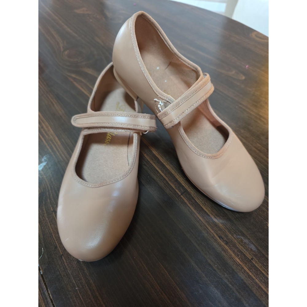 Girls DANCE CLASS Tan Hook n Loop Easy Strap Tap Dance Shoes Sz 4